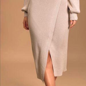 Taupe Ribbed Knit Faux Wrap Midi Skirt